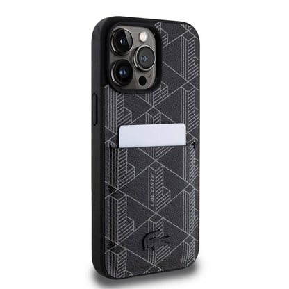 iPhone 15 Pro Max Kılıf Lacoste Orjinal Lisanslı M-safe Şarj Özellikli PU Deri Görünümlü Kartlıklı Karışık Monogram Desenli Kılıf