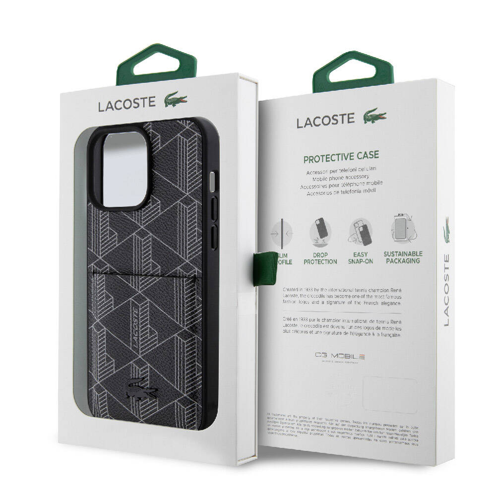 Apple iPhone 15 Pro Max Kılıf Lacoste Orjinal Lisanslı Magsafe Şarj Özellikli PU Deri Görünümlü Kartlıklı Karışık Monogram Desenli Kapak Siyah