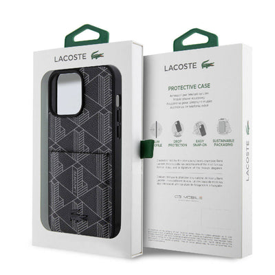 Apple iPhone 15 Pro Max Kılıf Lacoste Orjinal Lisanslı Magsafe Şarj Özellikli PU Deri Görünümlü Kartlıklı Karışık Monogram Desenli Kapak Siyah