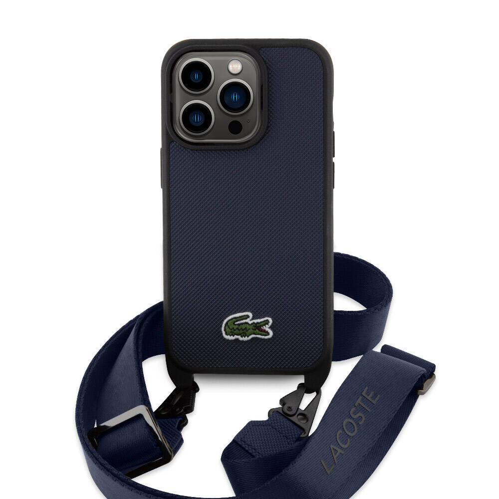 iPhone 15 Pro Max Kılıf Lacoste Orjinal Lisanslı PU Pike Desenli Arka Yüzey Askılı İkonik Timsah Dokuma Logolu Kılıf