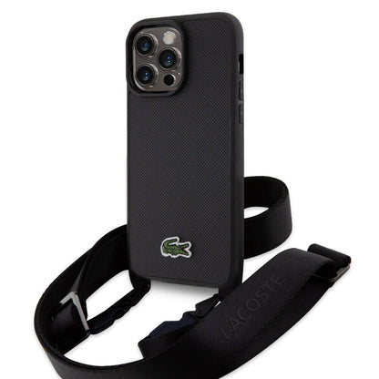 iPhone 15 Pro Max Kılıf Lacoste Orjinal Lisanslı PU Pike Desenli Arka Yüzey Askılı İkonik Timsah Dokuma Logolu Kılıf