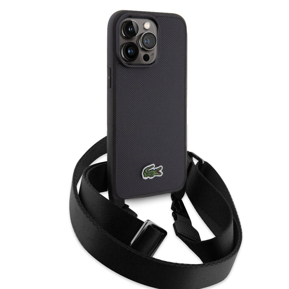 iPhone 15 Pro Max Kılıf Lacoste Orjinal Lisanslı PU Pike Desenli Arka Yüzey Askılı İkonik Timsah Dokuma Logolu Kılıf