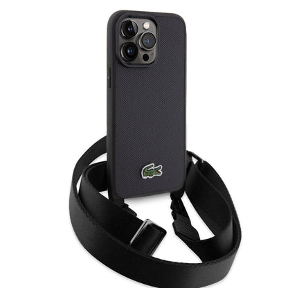 iPhone 15 Pro Max Kılıf Lacoste Orjinal Lisanslı PU Pike Desenli Arka Yüzey Askılı İkonik Timsah Dokuma Logolu Kılıf