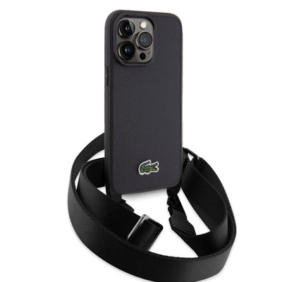 Apple iPhone 15 Pro Max Kılıf Lacoste Orjinal Lisanslı PU Pike Desenli Arka Yüzey Askılı İkonik Timsah Dokuma Logolu Kapak Lacivert