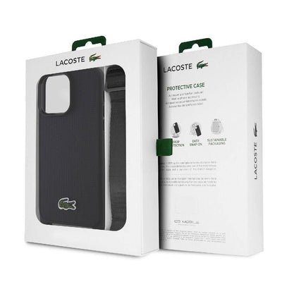 Apple iPhone 15 Pro Max Kılıf Lacoste Orjinal Lisanslı PU Pike Desenli Arka Yüzey Askılı İkonik Timsah Dokuma Logolu Kapak Lacivert