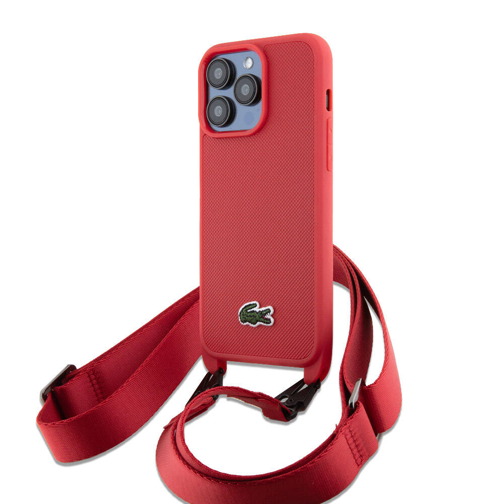 iPhone 15 Pro Max Kılıf Lacoste Orjinal Lisanslı PU Pike Desenli Arka Yüzey Askılı İkonik Timsah Dokuma Logolu Kılıf