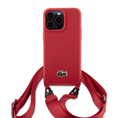 iPhone 15 Pro Max Kılıf Lacoste Orjinal Lisanslı PU Pike Desenli Arka Yüzey Askılı İkonik Timsah Dokuma Logolu Kılıf