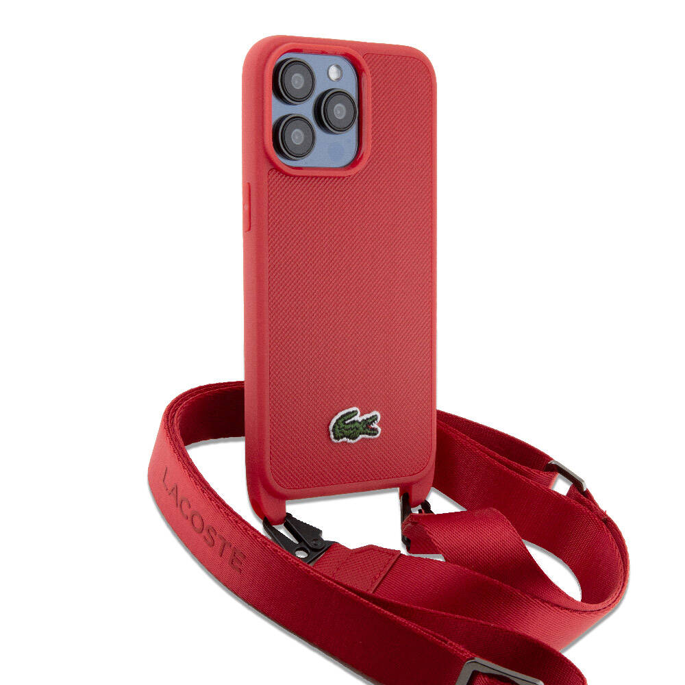 iPhone 15 Pro Max Kılıf Lacoste Orjinal Lisanslı PU Pike Desenli Arka Yüzey Askılı İkonik Timsah Dokuma Logolu Kılıf
