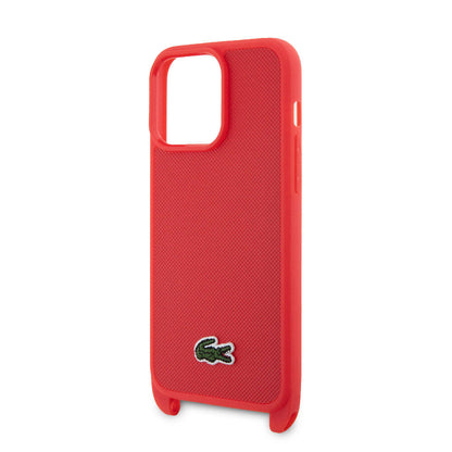 iPhone 15 Pro Max Kılıf Lacoste Orjinal Lisanslı PU Pike Desenli Arka Yüzey Askılı İkonik Timsah Dokuma Logolu Kılıf