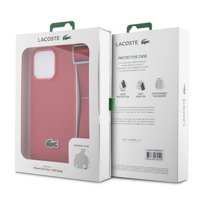 iPhone 15 Pro Max Kılıf Lacoste Orjinal Lisanslı PU Pike Desenli Arka Yüzey Askılı İkonik Timsah Dokuma Logolu Kılıf