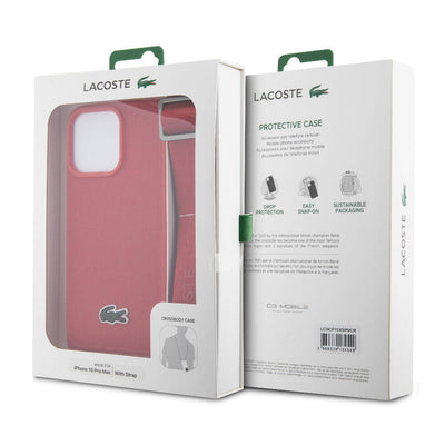 Apple iPhone 15 Pro Max Kılıf Lacoste Orjinal Lisanslı PU Pike Desenli Arka Yüzey Askılı İkonik Timsah Dokuma Logolu Kapak Lacivert