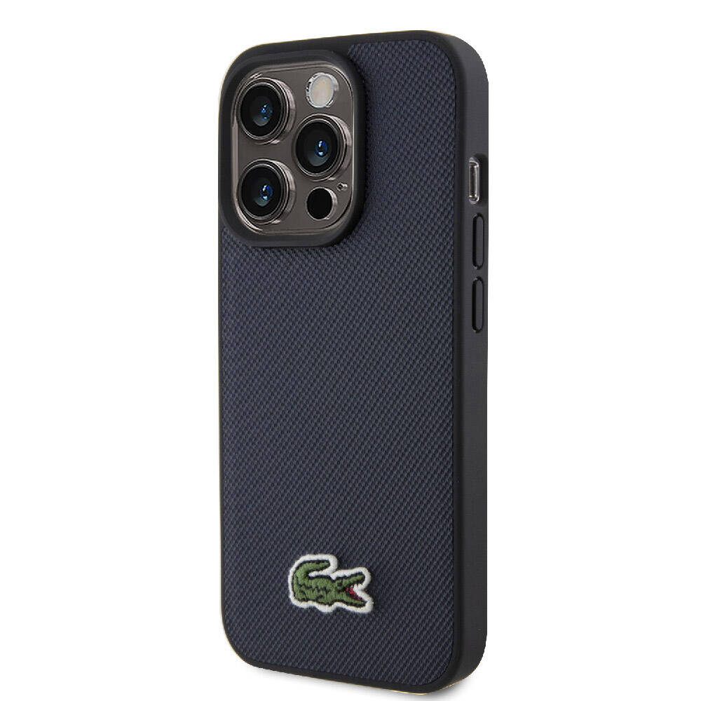 Apple iPhone 15 Pro Max Kılıf Lacoste Orjinal Lisanslı PU Pike Desenli Arka Yüzey İkonik Timsah Dokuma Logolu Kapak Lacivert