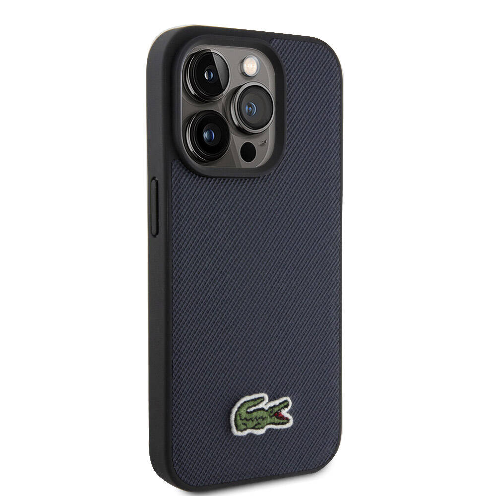 Apple iPhone 15 Pro Max Kılıf Lacoste Orjinal Lisanslı PU Pike Desenli Arka Yüzey İkonik Timsah Dokuma Logolu Kapak Lacivert
