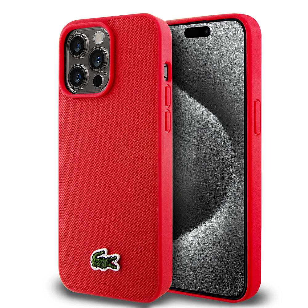 iPhone 15 Pro Max Kılıf Lacoste Orjinal Lisanslı PU Pike Desenli Arka Yüzey İkonik Timsah Dokuma Logolu Kılıf