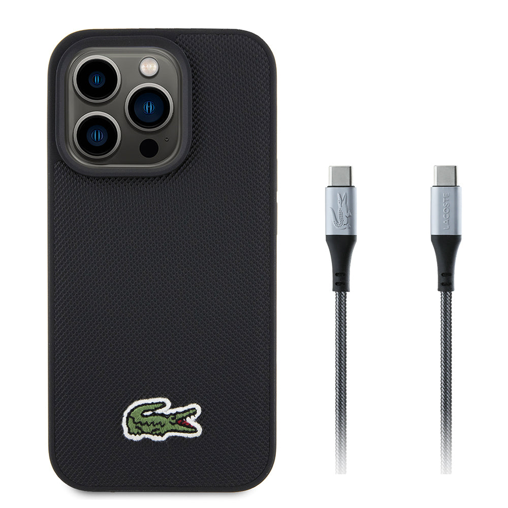 iPhone 15 Pro Max Kılıf Lacoste Orjinal Lisanslı PU Pike Desenli Arka Yüzey İkonik Timsah Dokuma Logolu Kılıf + Type-C Kablo 1.5m