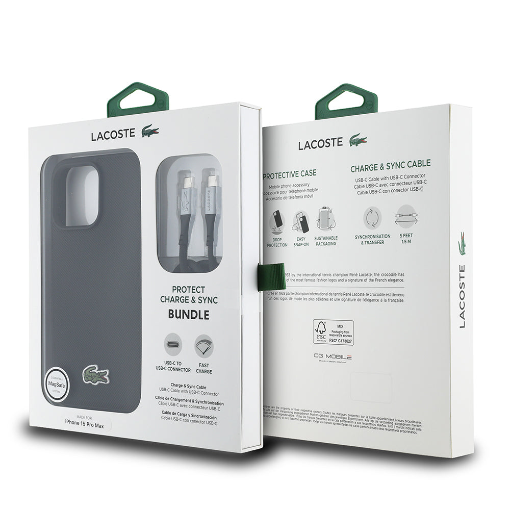 iPhone 15 Pro Max Kılıf Lacoste Orjinal Lisanslı PU Pike Desenli Arka Yüzey İkonik Timsah Dokuma Logolu Kılıf + Type-C Kablo 1.5m