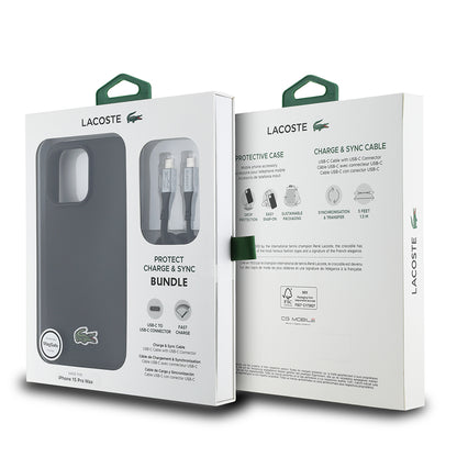 iPhone 15 Pro Max Kılıf Lacoste Orjinal Lisanslı PU Pike Desenli Arka Yüzey İkonik Timsah Dokuma Logolu Kılıf + Type-C Kablo 1.5m