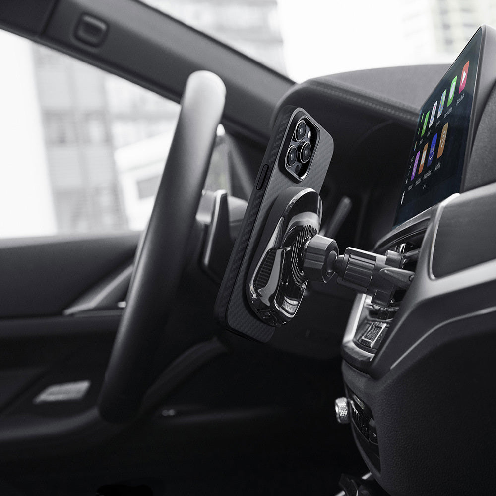 iPhone 15 Pro Max Kılıf M-safe Şarj Özellikli 1500D Aramid Fiber Pitaka Military-Grade Classic Serisi Black-Grey Twill Kılıf