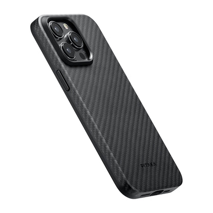 iPhone 15 Pro Max Kılıf M-safe Şarj Özellikli 1500D Aramid Fiber Pitaka Military-Grade Classic Serisi Black-Grey Twill Kılıf
