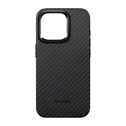 iPhone 15 Pro Max Kılıf M-safe Şarj Özellikli 1500D Aramid Fiber Pitaka Military-Grade Classic Serisi Black-Grey Twill Kılıf