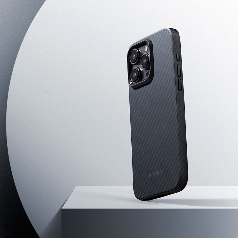 iPhone 15 Pro Max Kılıf M-safe Şarj Özellikli 1500D Aramid Fiber Pitaka Military-Grade Classic Serisi Black-Grey Twill Kılıf