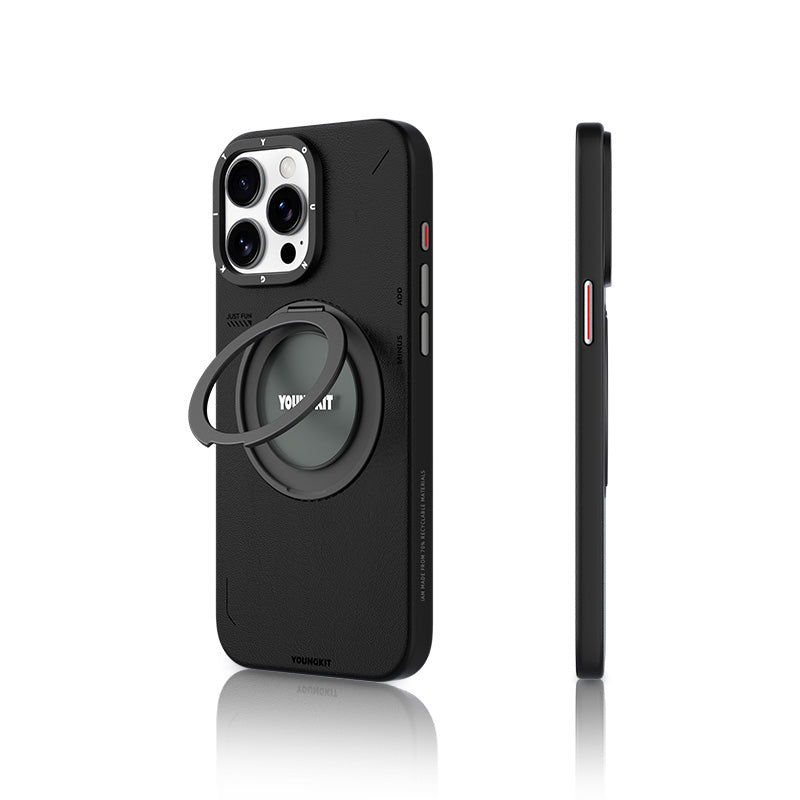 iPhone 15 Pro Max Kılıf M-safe Şarj Özellikli 360° Standlı Basit Mat Deri Desenli Youngkit Tech Leather Serisi Kılıf