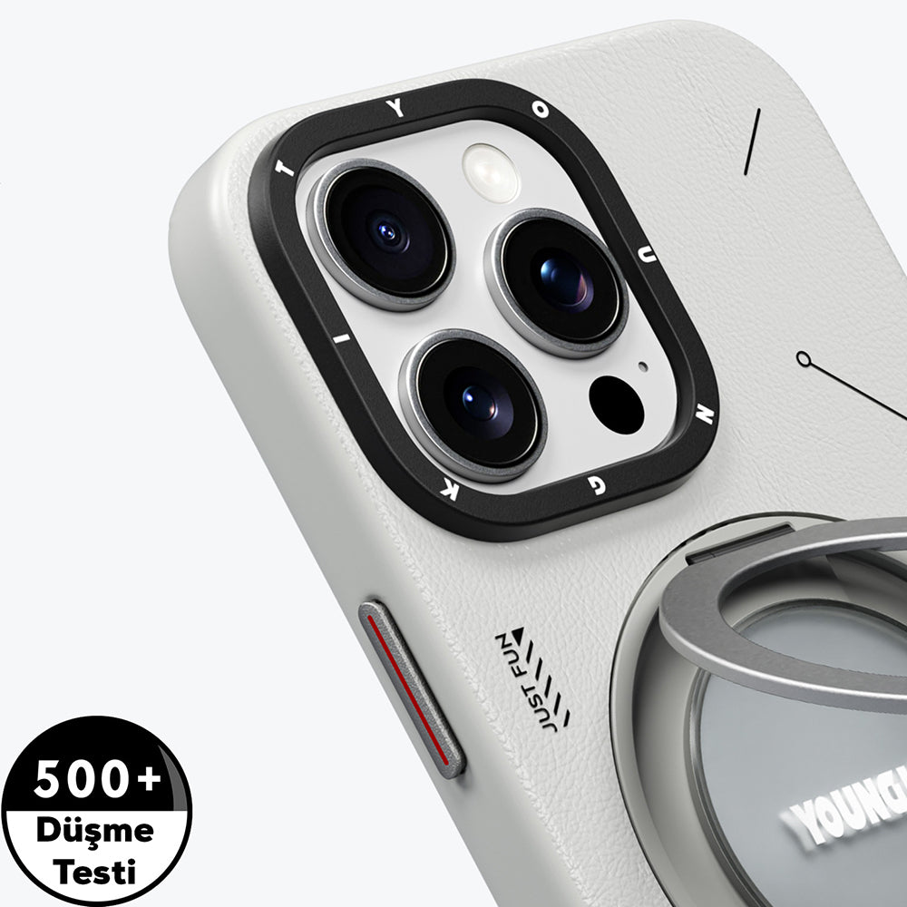 Apple iPhone 15 Pro Max Kılıf Magsafe Şarj Özellikli 360° Standlı Basit Mat Deri Desenli Youngkit Tech Leather Serisi Kapak Gri
