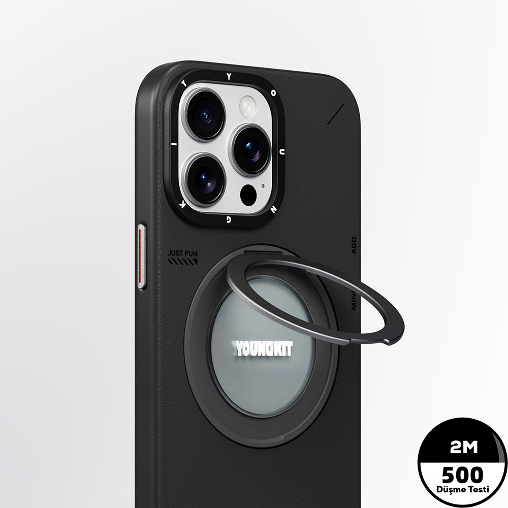 Apple iPhone 15 Pro Max Kılıf Magsafe Şarj Özellikli 360° Standlı Basit Mat Deri Desenli Youngkit Tech Leather Serisi Kapak Kahverengi