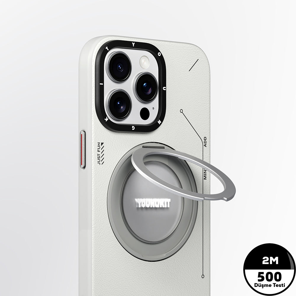 Apple iPhone 15 Pro Max Kılıf Magsafe Şarj Özellikli 360° Standlı Basit Mat Deri Desenli Youngkit Tech Leather Serisi Kapak Gri