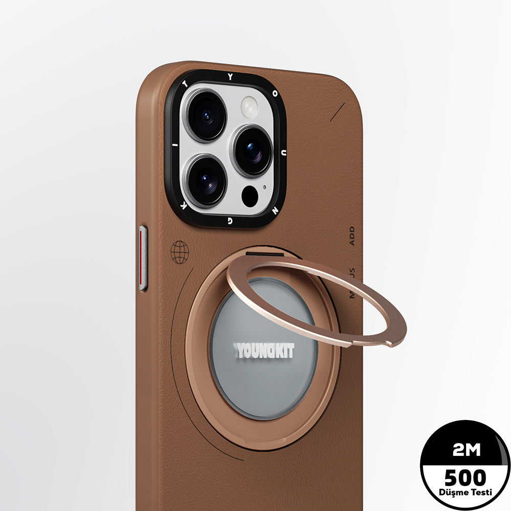 Apple iPhone 15 Pro Max Kılıf Magsafe Şarj Özellikli 360° Standlı Basit Mat Deri Desenli Youngkit Tech Leather Serisi Kapak Siyah