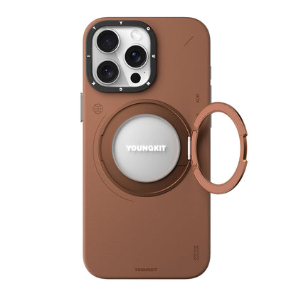 iPhone 15 Pro Max Kılıf M-safe Şarj Özellikli 360° Standlı Basit Mat Deri Desenli Youngkit Tech Leather Serisi Kılıf