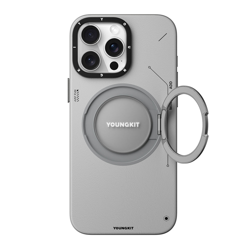 Apple iPhone 15 Pro Max Kılıf Magsafe Şarj Özellikli 360° Standlı Basit Mat Deri Desenli Youngkit Tech Leather Serisi Kapak Siyah
