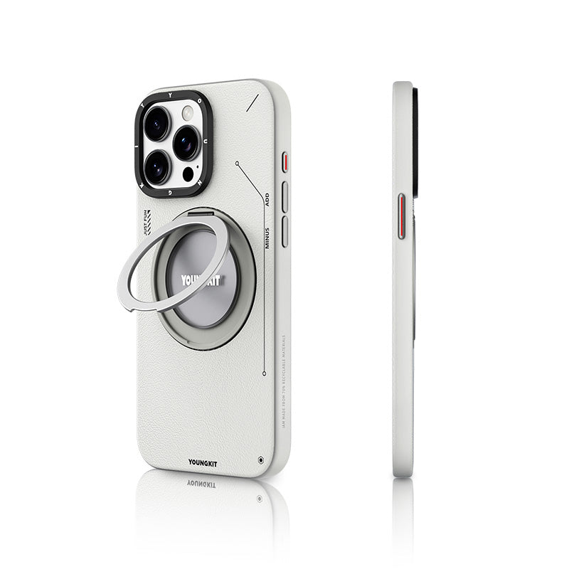 Apple iPhone 15 Pro Max Kılıf Magsafe Şarj Özellikli 360° Standlı Basit Mat Deri Desenli Youngkit Tech Leather Serisi Kapak Siyah
