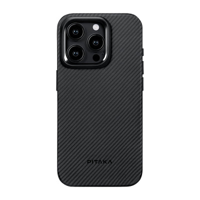 Apple iPhone 15 Pro Max Kılıf Magsafe Şarj Özellikli 600D Aramid Fiber Pitaka Military-Grade Classic Serisi Black-Grey Twill Kapak Siyah-Gri