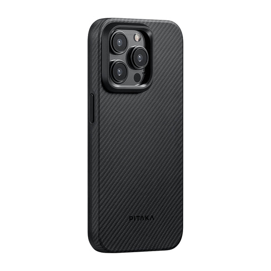 iPhone 15 Pro Max Kılıf M-safe Şarj Özellikli 600D Aramid Fiber Pitaka Military-Grade Classic Serisi Black-Grey Twill Kılıf