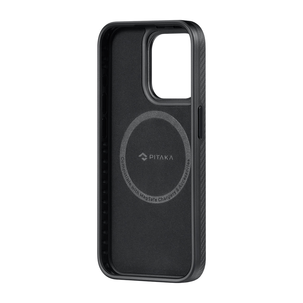 Apple iPhone 15 Pro Max Kılıf Magsafe Şarj Özellikli 600D Aramid Fiber Pitaka Military-Grade Classic Serisi Black-Grey Twill Kapak Siyah-Gri