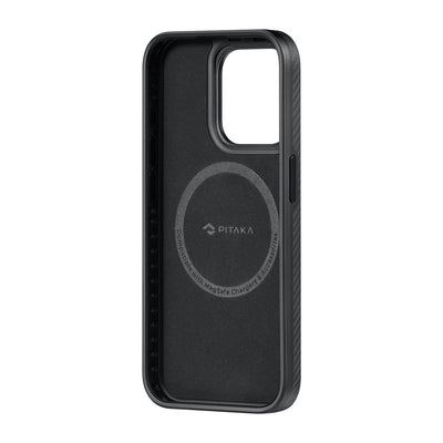 Apple iPhone 15 Pro Max Kılıf Magsafe Şarj Özellikli 600D Aramid Fiber Pitaka Military-Grade Classic Serisi Black-Grey Twill Kapak Siyah-Gri