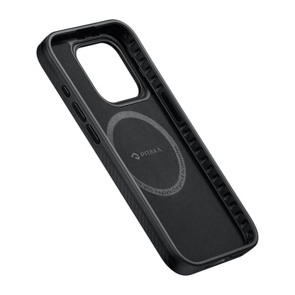 iPhone 15 Pro Max Kılıf M-safe Şarj Özellikli 600D Aramid Fiber Pitaka Military-Grade Classic Serisi Black-Grey Twill Kılıf