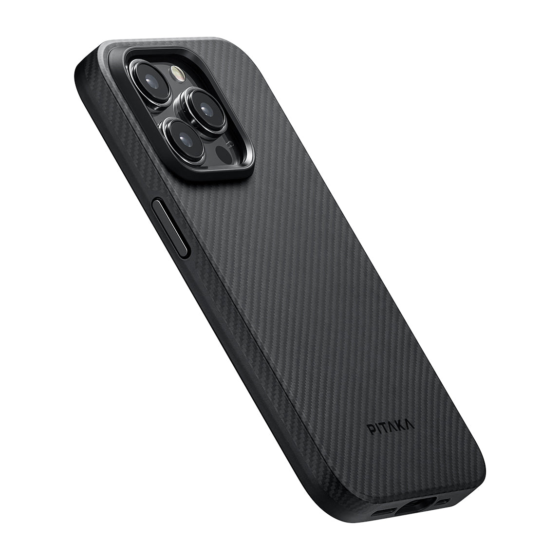 Apple iPhone 15 Pro Max Kılıf Magsafe Şarj Özellikli 600D Aramid Fiber Pitaka Military-Grade Classic Serisi Black-Grey Twill Kapak Siyah-Gri