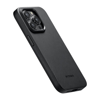 Apple iPhone 15 Pro Max Kılıf Magsafe Şarj Özellikli 600D Aramid Fiber Pitaka Military-Grade Classic Serisi Black-Grey Twill Kapak Siyah-Gri