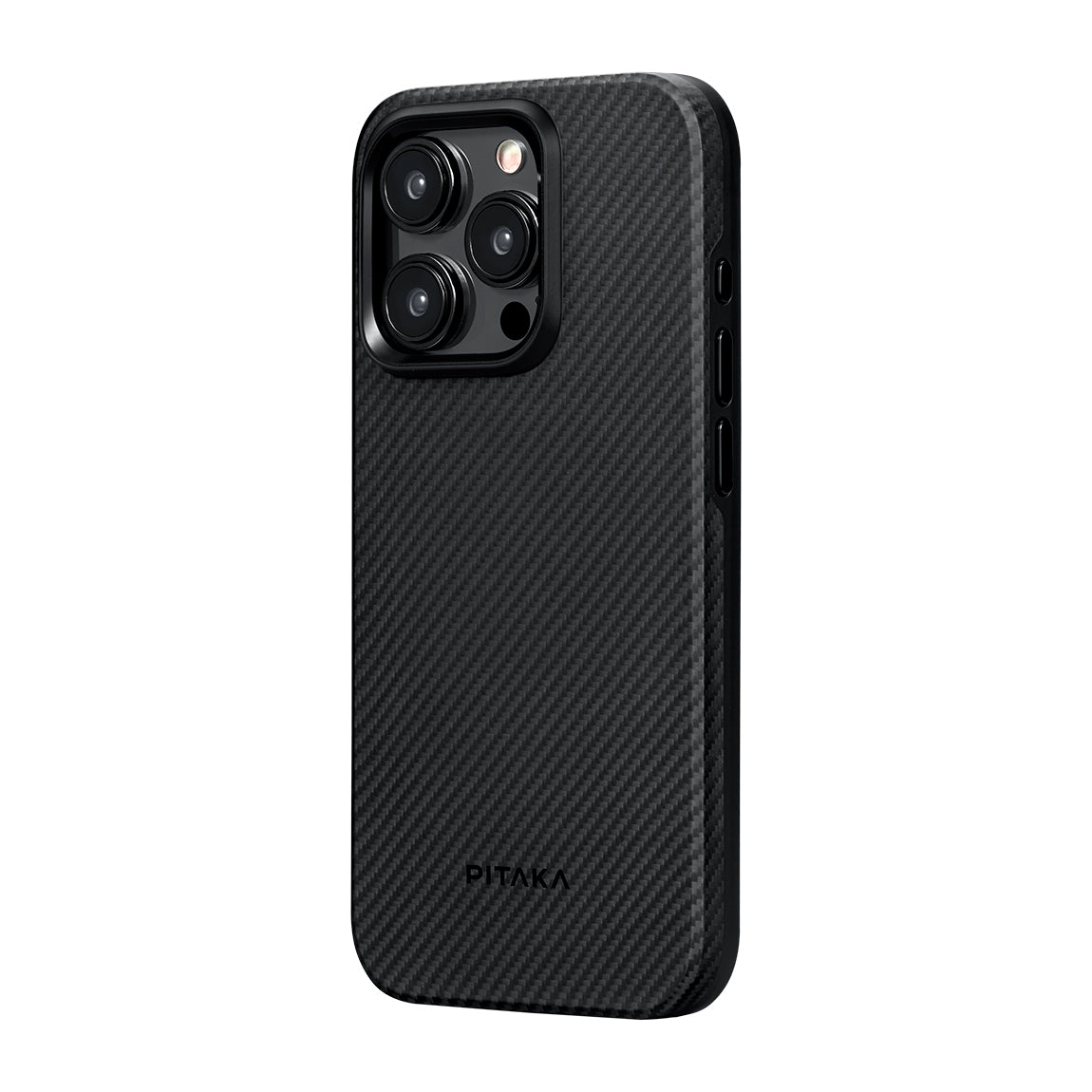 Apple iPhone 15 Pro Max Kılıf Magsafe Şarj Özellikli 600D Aramid Fiber Pitaka Military-Grade Classic Serisi Black-Grey Twill Kapak Siyah-Gri