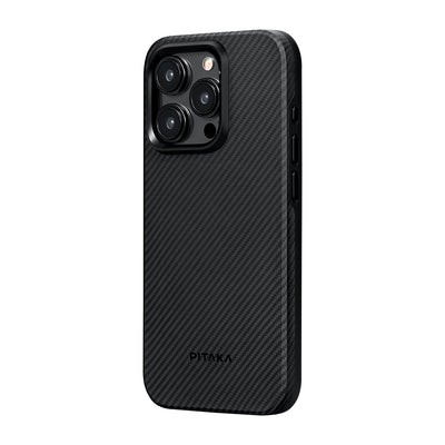 Apple iPhone 15 Pro Max Kılıf Magsafe Şarj Özellikli 600D Aramid Fiber Pitaka Military-Grade Classic Serisi Black-Grey Twill Kapak Siyah-Gri