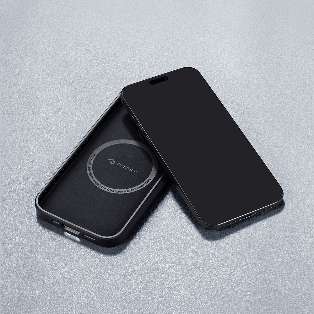Apple iPhone 15 Pro Max Kılıf Magsafe Şarj Özellikli 600D Aramid Fiber Pitaka Military-Grade Classic Serisi Black-Grey Twill Kapak Siyah-Gri