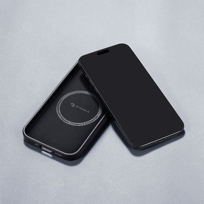Apple iPhone 15 Pro Max Kılıf Magsafe Şarj Özellikli 600D Aramid Fiber Pitaka Military-Grade Classic Serisi Black-Grey Twill Kapak Siyah-Gri