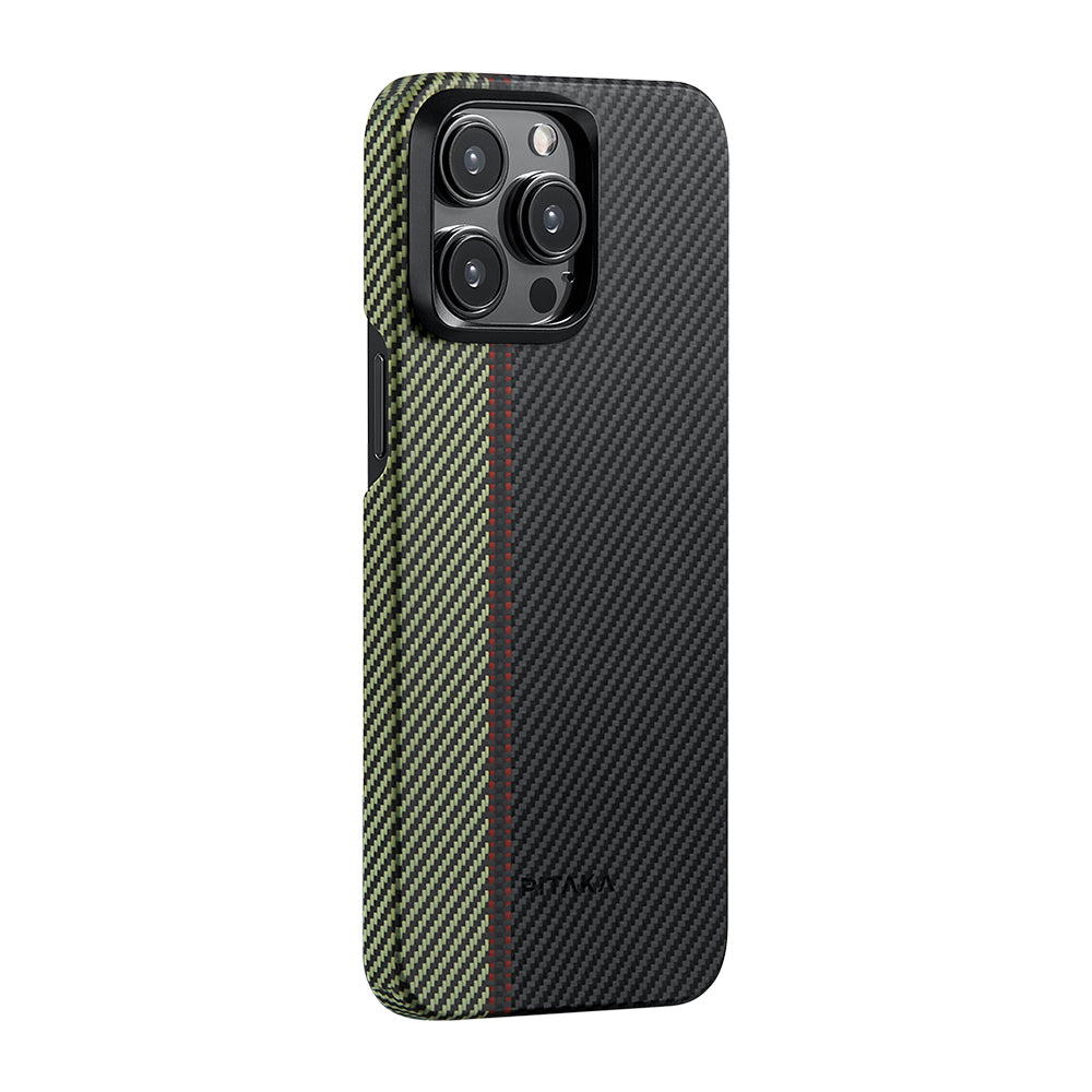 Apple iPhone 15 Pro Max Kılıf Magsafe Şarj Özellikli 600D Aramid Fiber Pitaka Tactile Woven Orchestra Serisi Overture Kapak Siyah-Yeşil