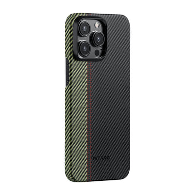 Apple iPhone 15 Pro Max Kılıf Magsafe Şarj Özellikli 600D Aramid Fiber Pitaka Tactile Woven Orchestra Serisi Overture Kapak Siyah-Yeşil