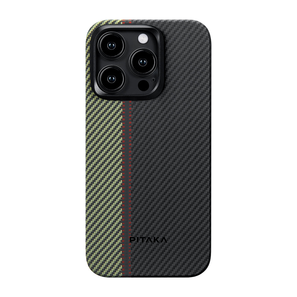 Apple iPhone 15 Pro Max Kılıf Magsafe Şarj Özellikli 600D Aramid Fiber Pitaka Tactile Woven Orchestra Serisi Overture Kapak Siyah-Yeşil