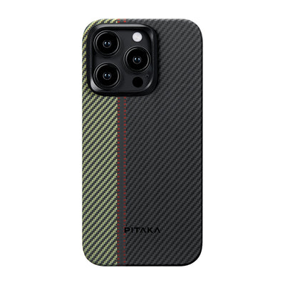 Apple iPhone 15 Pro Max Kılıf Magsafe Şarj Özellikli 600D Aramid Fiber Pitaka Tactile Woven Orchestra Serisi Overture Kapak Siyah-Yeşil
