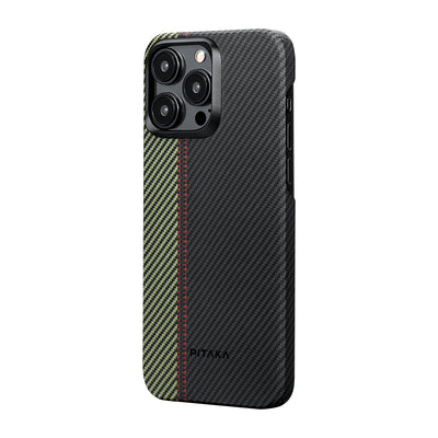 Apple iPhone 15 Pro Max Kılıf Magsafe Şarj Özellikli 600D Aramid Fiber Pitaka Tactile Woven Orchestra Serisi Overture Kapak Siyah-Yeşil