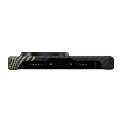 Apple iPhone 15 Pro Max Kılıf Magsafe Şarj Özellikli 600D Aramid Fiber Pitaka Tactile Woven Orchestra Serisi Overture Kapak Siyah-Yeşil